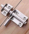 Solid Stainless Steel Spring Bolt Door Lock Sliding Latch for Bathroom Gate installed on wood surface.