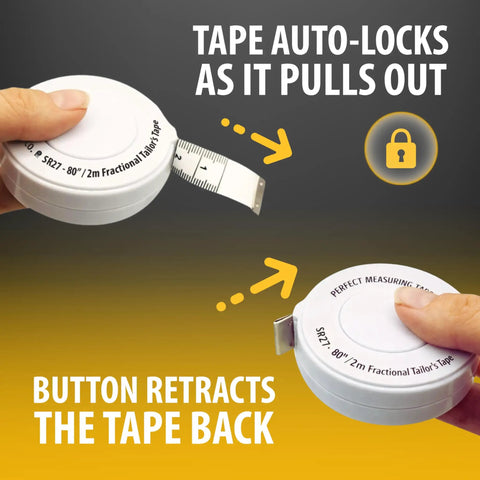 Retractable Tailor Tape Measure For Fabric And Sewing, 80 Inch And 2 Meter, dual-sided tape showing auto-lock and retract feature