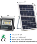 JUDYSSY 30W Led Solar Powered Flood Lights with Remote Control beside solar panel specifications.