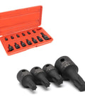 Heavy Duty Impact Torx Socket Set For Auto And Motorcycle Work Quarter Inch Three Eighths Inch And Half Inch Drives Six Point Star Sockets T10 Through T60 Chrome Molybdenum Construction Built Tough For Pros, shown with case and sockets.