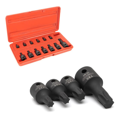 Heavy Duty Impact Torx Socket Set For Auto And Motorcycle Work Quarter Inch Three Eighths Inch And Half Inch Drives Six Point Star Sockets T10 Through T60 Chrome Molybdenum Construction Built Tough For Pros, shown with case and sockets.