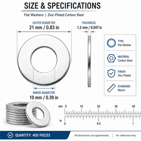 400 Piece Steel Fender Flat Washers For Three Eighths Inch Hardware Zinc Plated Carbon Steel Durable Flat Washers With Smooth Faces