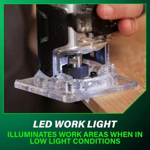 Close-up of 18V Cordless Trim Router with Beast Mode Variable Speed 10,000 To 30,000 RPM Pro Grade, illustrating LED work light