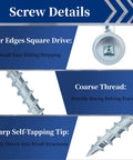Pocket Hole Screws Two And A Half Inch No. 8 Washer Head Square Drive Coarse Thread Zinc Plated Wood Screws For Indoor Builds DIY Projects 100-Piece Set With 100 Mm Driver Bit Included showing design details like square drive and sharp tip