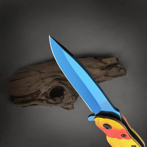 Colorful Parrot Pattern Folding Pocket Knife With Gradient Parrot-Scale Handle, 3-Inch Blue Coated Blade, side view