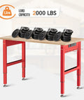 Red Adjustable Heavy Duty Workbench With 4 AC Outlets And 2 USB Ports, 2000 Lb Capacity, Rubber Wood Top, in a workshop setting.