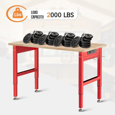Red Adjustable Heavy Duty Workbench With 4 AC Outlets And 2 USB Ports, 2000 Lb Capacity, Rubber Wood Top, in a workshop setting.