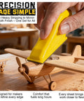 Premium Sandpaper Set With Ergonomic Hand Sander sanding a wooden toy airplane, showcasing fine sanding detail on wood.