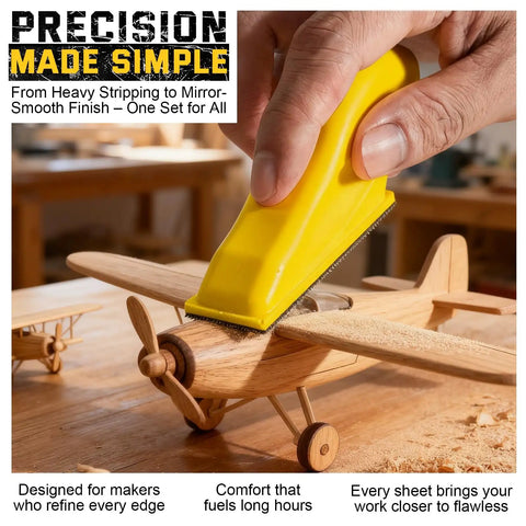 Premium Sandpaper Set With Ergonomic Hand Sander sanding a wooden toy airplane, showcasing fine sanding detail on wood.