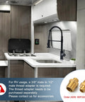 Slick Black Kitchen Faucet With Pull Down Sprayer, Hella Durable 304 Stainless Steel Construction in a modern RV kitchen.