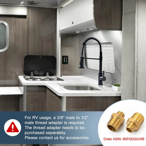 Slick Black Kitchen Faucet With Pull Down Sprayer, Hella Durable 304 Stainless Steel Construction in a modern RV kitchen.