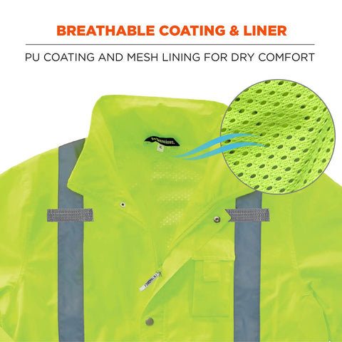 GloWear 8365 Rain Jacket High Visibility Reflective ANSI Compliant Lime Outerwear with PU coating and mesh lining detail