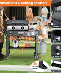 Your Go-To Portable Grill Cart For Blackstone 17 And 22 Inch Griddles with foldable stand, wheels, storage shelf, gas tank holder.