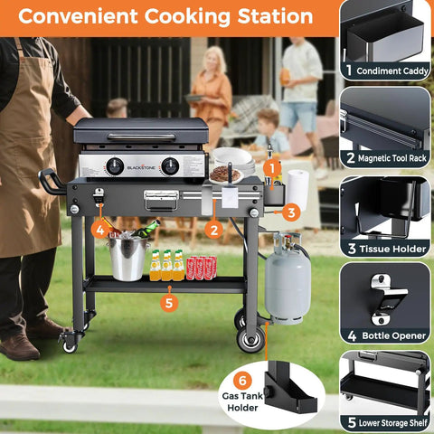 Your Go-To Portable Grill Cart For Blackstone 17 And 22 Inch Griddles with foldable stand, wheels, storage shelf, gas tank holder.