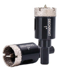 Two 1-inch diamond-tipped tile hole saws with pilot drill bit, black metal, for porcelain/ceramic tile and glass.
