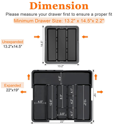 Beefy Expandable Large Silverware Drawer Organizer For Kitchen Drawers Adjustable Cutlery Tray dimensions and expansion view