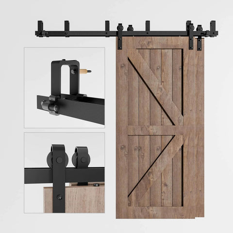 7Ft Low Ceiling Bypass Sliding Barn Door Hardware Kit With Double Track For Double Wooden Doors Black Finish, Built To Last Heavy Duty Carbon Steel, Supports Up To 330 Lbs, Fits Door Thickness 1.18-1.96 Inches, Includes J Shape Hanger
