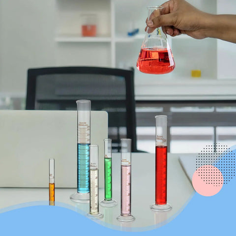 Six Piece Glass Graduated Cylinder Set With Rack 5Ml To 250Ml Clear Lab Tubes For Chemistry Projects on desk with red liquid beaker