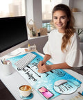 Stay Positive XXL Desk Mat Pad Set With Cushioned Wrist Rest For Mouse And Keyboard on modern desk with computer and coffee