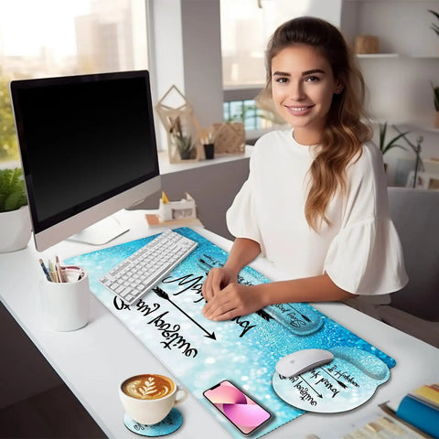 Stay Positive XXL Desk Mat Pad Set With Cushioned Wrist Rest For Mouse And Keyboard on modern desk with computer and coffee