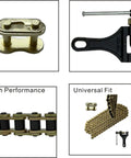 Gold 428H Motorcycle Chain With 140 Links And Chain Breaker, connector close-up, tool detail, chain length view.