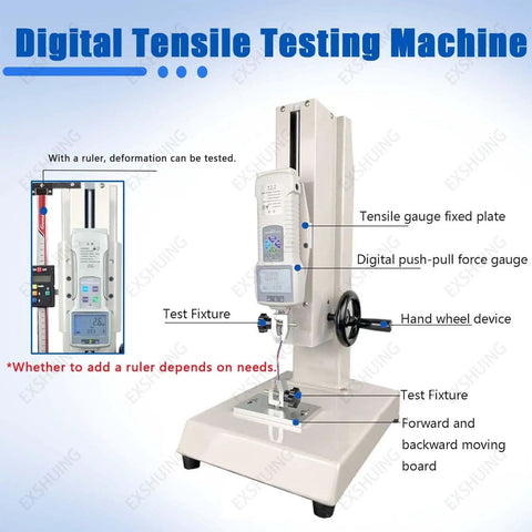 Horizontal Digital Push Pull Meter For Tensile And Compression Testing With Wheel Driven Manual Push Pull Test Stand Pro Grade Test Bench And Digital Force Gauge 10 To 2000 N Includes Ruler And 100 N Capacity, front view
