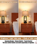 Two Light Bedside Table Lamps With Rotary Switch 3 Way Dimmable Bedroom And Living Room Lighting With USB Charging Ports Industrial Nightstand Lamps With Fabric Shade Bulbs Included showing dual control options