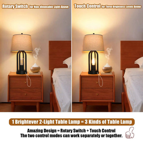 Two Light Bedside Table Lamps With Rotary Switch 3 Way Dimmable Bedroom And Living Room Lighting With USB Charging Ports Industrial Nightstand Lamps With Fabric Shade Bulbs Included showing dual control options