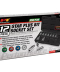 Professional Grade Star Plus Bit Socket Set featuring twelve heavy duty chrome vanadium pieces in storage case, size 1/4, 3/8, 1/2.