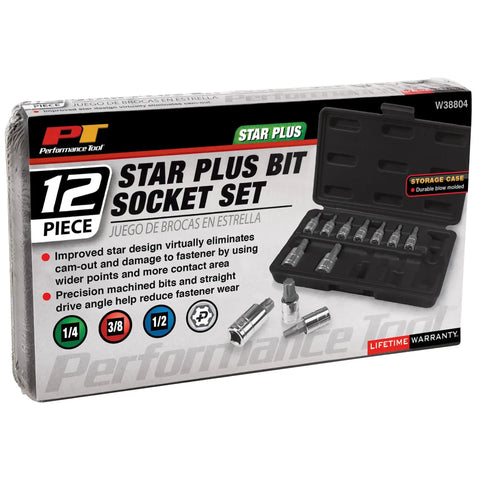 Professional Grade Star Plus Bit Socket Set featuring twelve heavy duty chrome vanadium pieces in storage case, size 1/4, 3/8, 1/2.