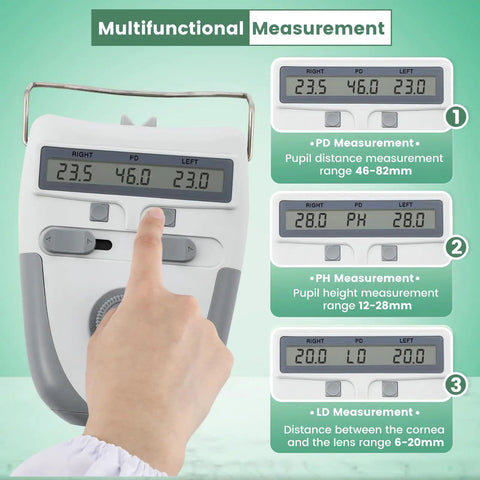 Pro Grade Digital PD PH LD Meter With Memory Function LCD Display showing 46-82mm range for eye exams