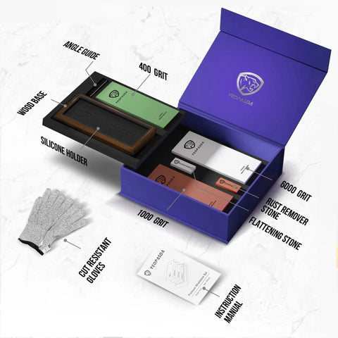 All In One Extra Large Knife Sharpening Stone Kit With 3 Grits 400 1000 6000 XL Wet Stone, Whetstone Sharpener With Non Slip Wood Base, Angle Guide, Cut Resistant Gloves, Rust Remover, And Leveling Stones
