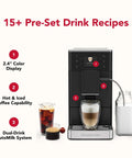 Compact Fully Automatic Espresso And Iced Coffee Maker With One Touch Brewing High Pressure Pump And Rapid Milk Frother showing hot and iced coffee drinks.