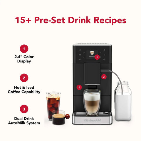 Compact Fully Automatic Espresso And Iced Coffee Maker With One Touch Brewing High Pressure Pump And Rapid Milk Frother showing hot and iced coffee drinks.