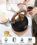 Induction Ready Whistling Tea Kettle and Teapot, 2.64 Qt Stainless Steel with Cool Touch Ergonomic Handle, Polished Black on table