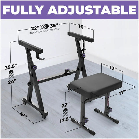 Piano Keyboard Stand And Bench Set Portable Heavy Duty Music Stand For 54 To 88 Keyboards with adjustable dimensions.