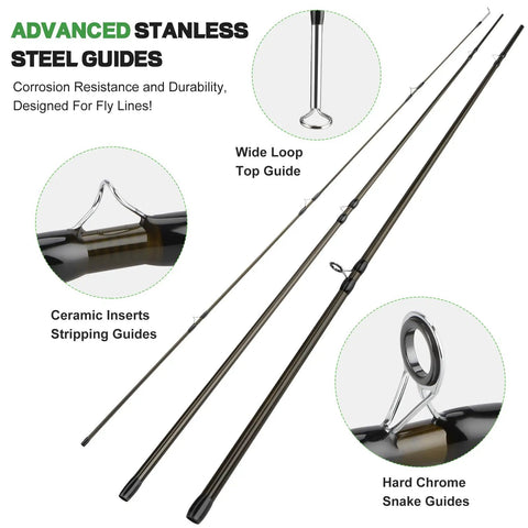 Close-up of 4 piece lightweight nine foot graphite fly rod showing advanced stainless steel guides with ceramic inserts.
