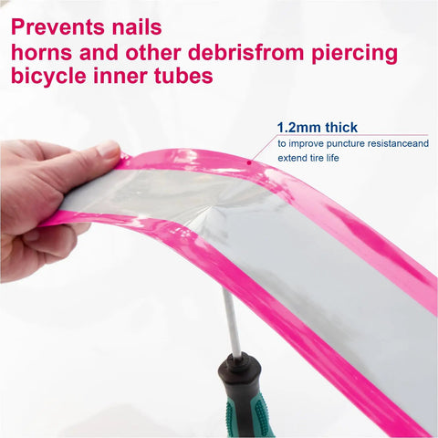 Demonstration of self adhesive bike tire liner for mountain and road bikes, puncture proof inner tube shield in pink, 1.2mm thickness.