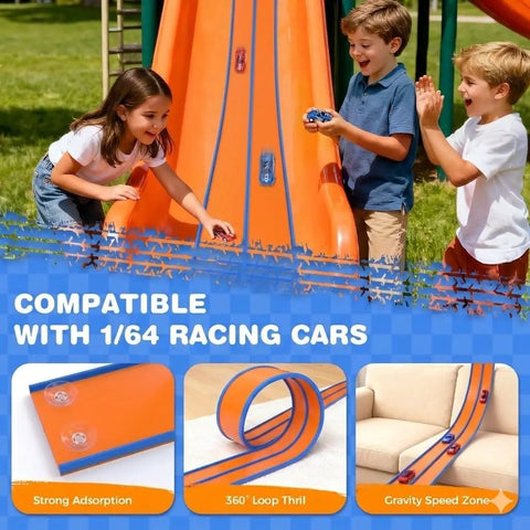 Children playing with Two Track Flexible Race Track Set For Kids With 15 Ft Of Buildable Track Includes 2 Toy Cars And 3 Suction Cup Ramps DIY Custom Racetrack Designs Endless Layouts For Boys And Girls Great Easter Gift on an orange slide.