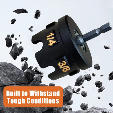 Heavy Duty Threaded Rod Nut Runner And Nut Zipper Drill Attachment That Shoots Through Conduit Rack Assembly and Strut System Setup Without Breaking A Sweat For Impact Drills, showing size markings 1/4 and 3/8.