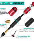 Dual-Bearing Pin Vise Hand Drill Kit structure display with red aluminum handle and 4-jaw brass chuck, 360-degree rotation.
