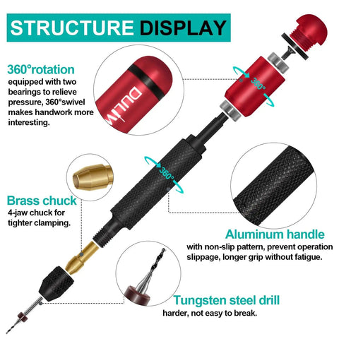 Dual-Bearing Pin Vise Hand Drill Kit structure display with red aluminum handle and 4-jaw brass chuck, 360-degree rotation.