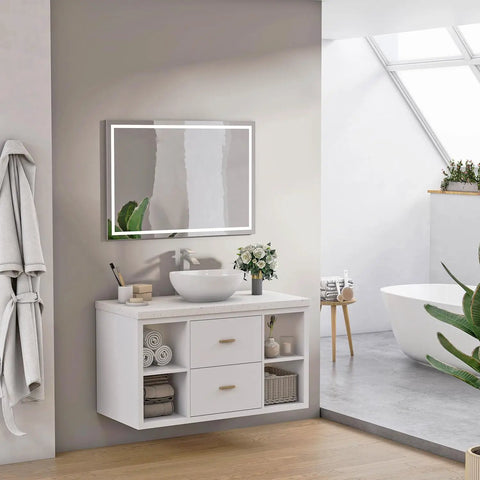 White Rectangular Ceramic Countertop Vessel Sink 24 By 14 By 4.33 Inches in modern minimalist bathroom with vanity