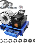 BEESOM Industrial Electric Pipe Crimping Machine, Heavy Duty Hydraulic Tool With 8 Dies For Hose Fittings, detailed view with hoses and pressure gauge.