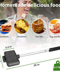 Double Pie Iron Sandwich Maker For Camping with Cast Iron Campfire Pie Cooker, 8x4.4 inch, shown with food examples and dimensions.