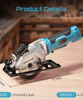Seesii mini circular saw with laser guide; blue body, side view showing 4-1/2-inch wood blade and base, includes 3 blades.