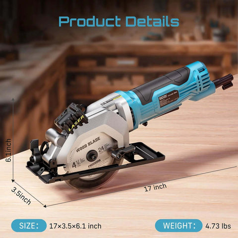 Seesii mini circular saw with laser guide; blue body, side view showing 4-1/2-inch wood blade and base, includes 3 blades.