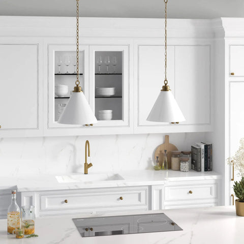 Kitchen featuring 15.88 Inch Wide Pendant Light With Glass Shade In Brass And White Milk Glass over a marble countertop.