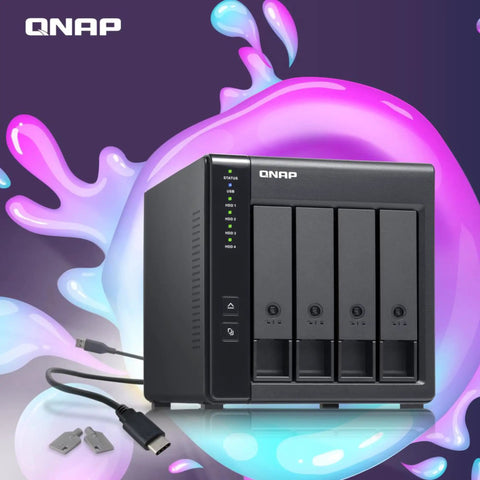 Plug And Play 4 Bay USB C Direct Attached Storage Box Featuring Hardware RAID For 3.5 Inch SATA Drives with black housing and USB cable.