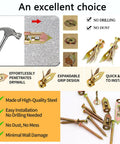 Self Drilling Drywall Anchors And Screws Kit With Zinc Plated Steel For No Drill Mounting, highlighted features and tools